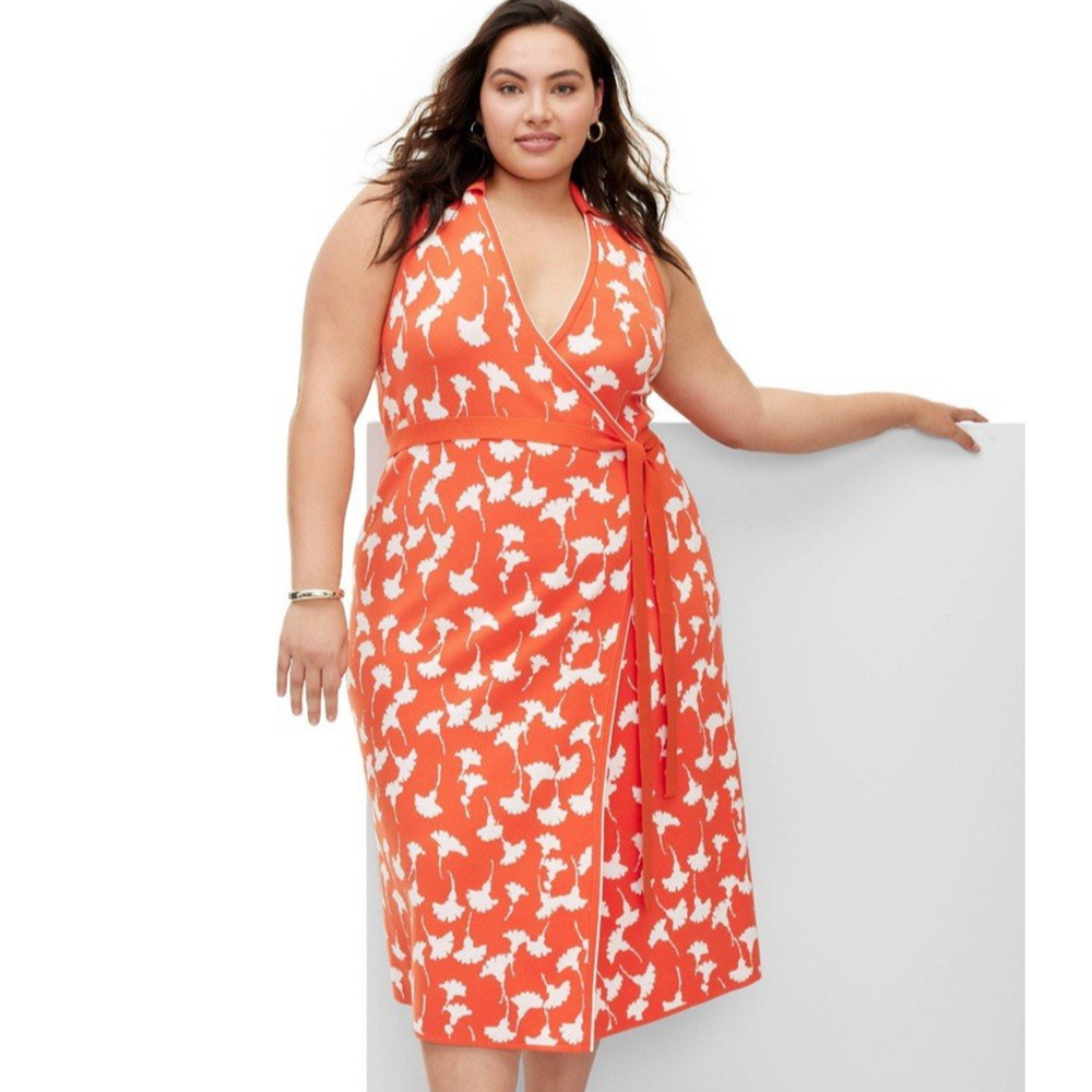 Orange Floral Print Wrap Dress - Women's Plus